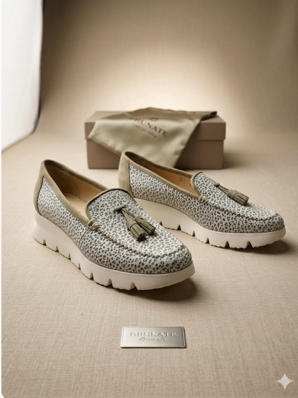 Brunate Olive and Cream Leopard Tassel Loafers - Size 39 Euro